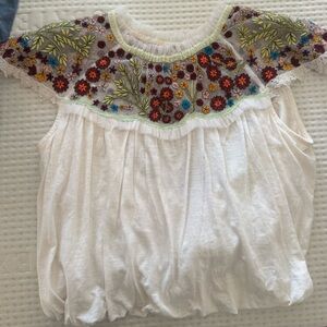Free People White Blouse with Multicolor Floral Embroidery